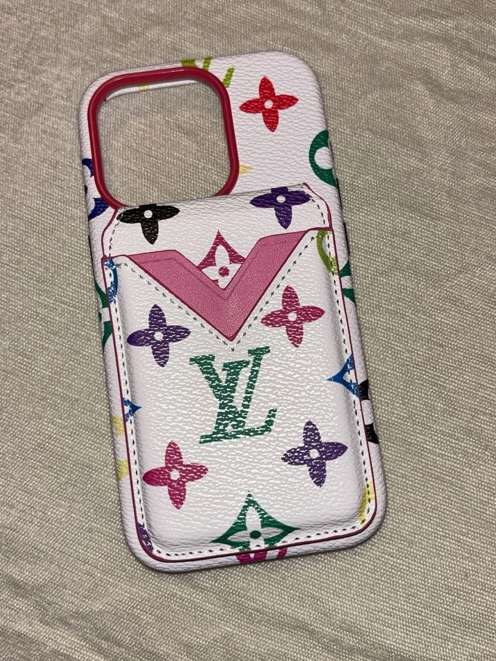 Louis Vuitton White Multicolor Monogram Leather Phone Case with Pink Card Slot